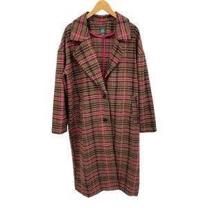Wild Fable Womens XL Brown Pink Plaid Wool Blend Trench Coat Pockets Fall
